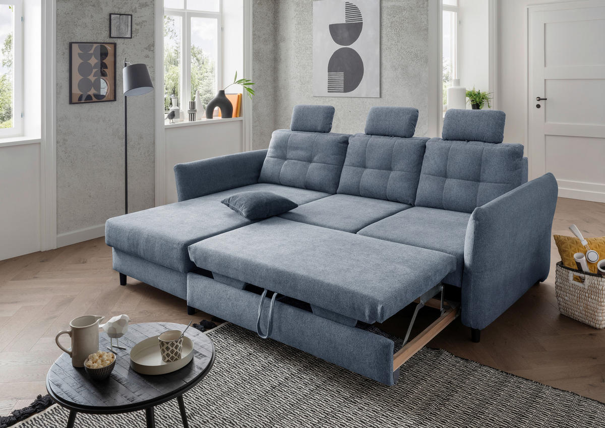 ECKSOFA Hellblau Chenille  - Blau/Schwarz, MODERN, Holz/Textil (176/250-280cm) - Livetastic