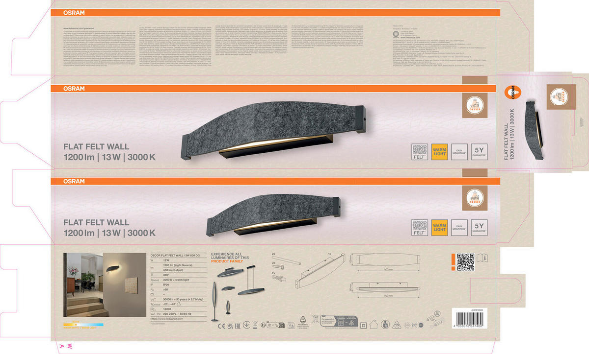 LED-WANDLEUCHTE 50/11,5/10 cm   - Dunkelgrau, Design, Kunststoff/Textil (50/11,5/10cm) - Osram