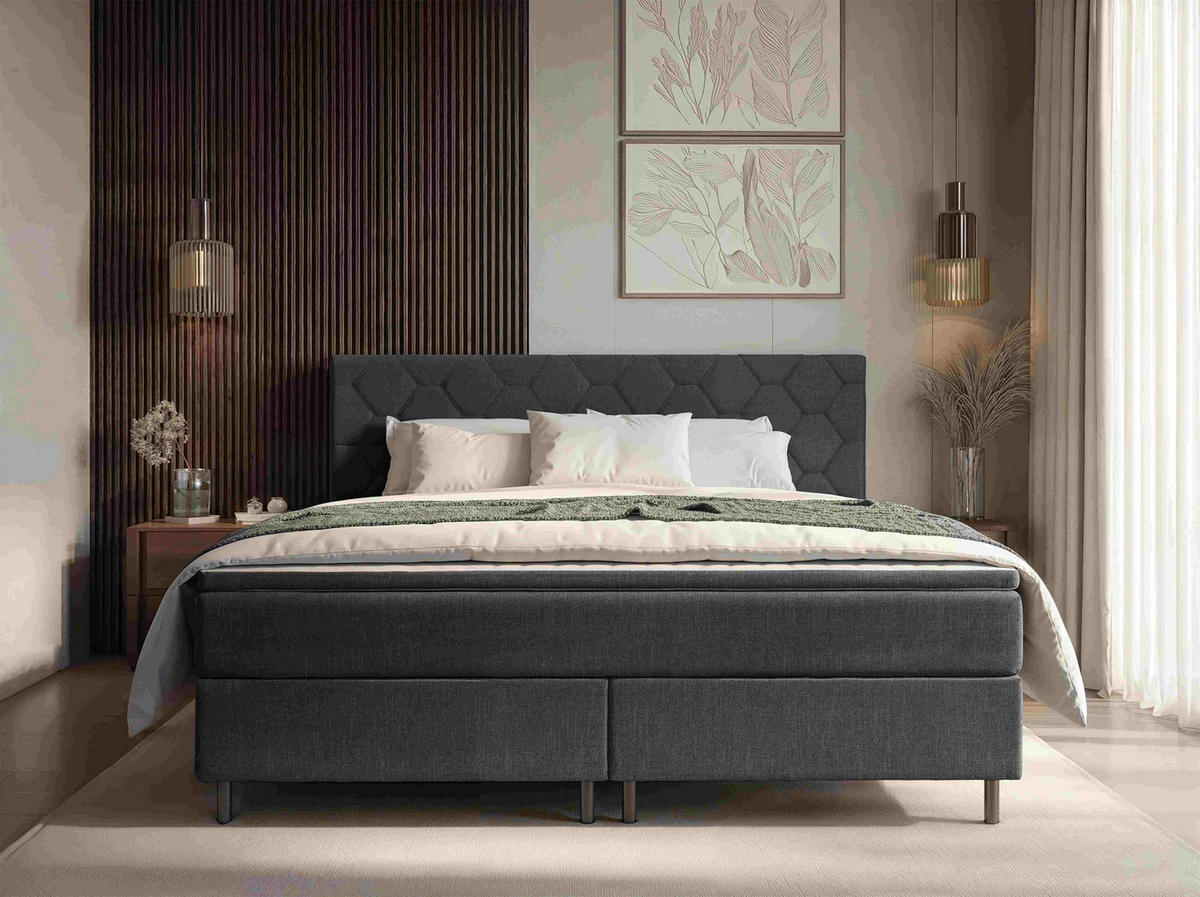 BOXSPRINGBETT 160/200 cm,  in Dunkelgrau, Matratze, Topper, H2 + H2 = mittel  - Dunkelgrau/Schwarz, KONVENTIONELL, Textil/Metall (160/200cm) - Chameo