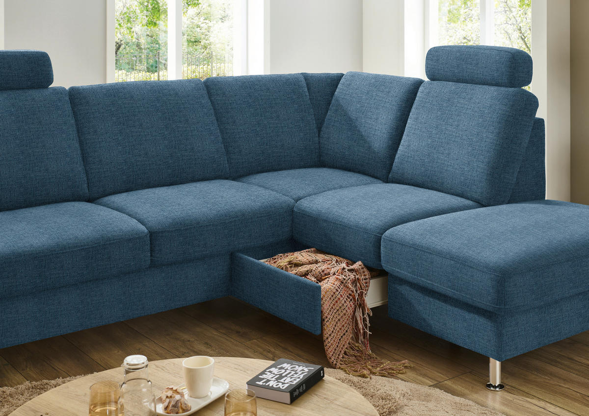 ECKSOFA in Webstoff Blau  - Blau/Alufarben, Konventionell, Textil/Metall (241/200cm) - Beldomo System
