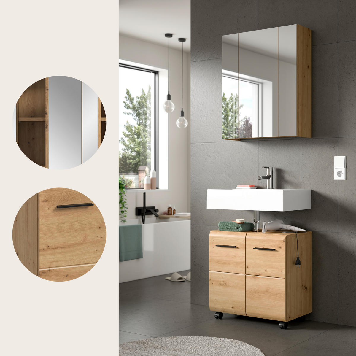 BADEZIMMER 2-teilig  in 60 cm  - Schwarz/Eiche Artisan, Trend, Glas/Holzwerkstoff (60cm) - MID.YOU