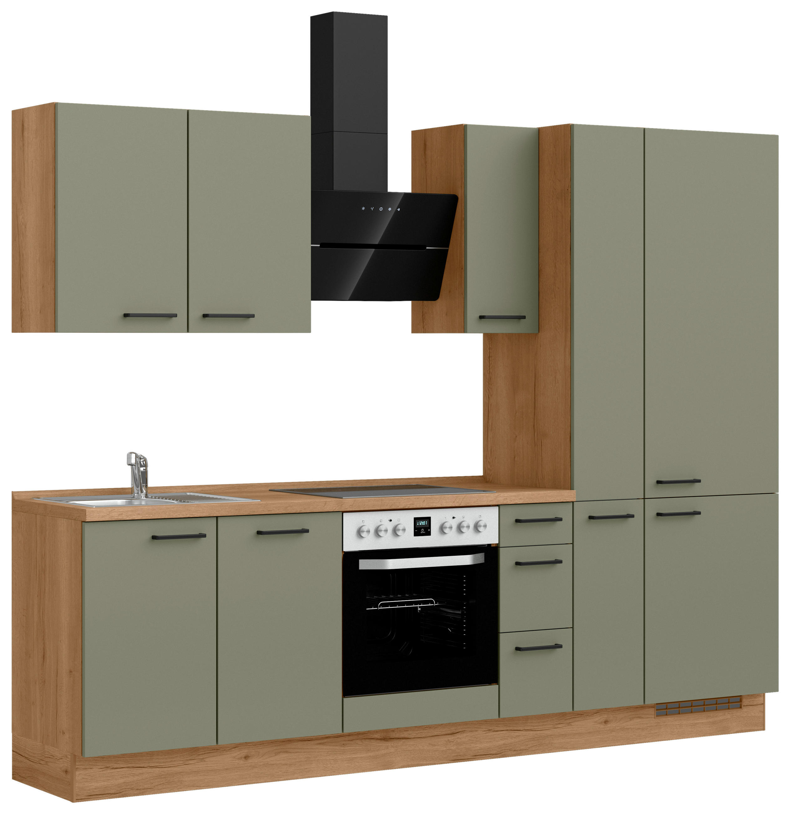 KÜCHENBLOCK Senso 270 cm  in Eichefarben, Olivgrün  - Eichefarben/Schwarz, MODERN, Holzwerkstoff/Metall (270cm) - Nobilia