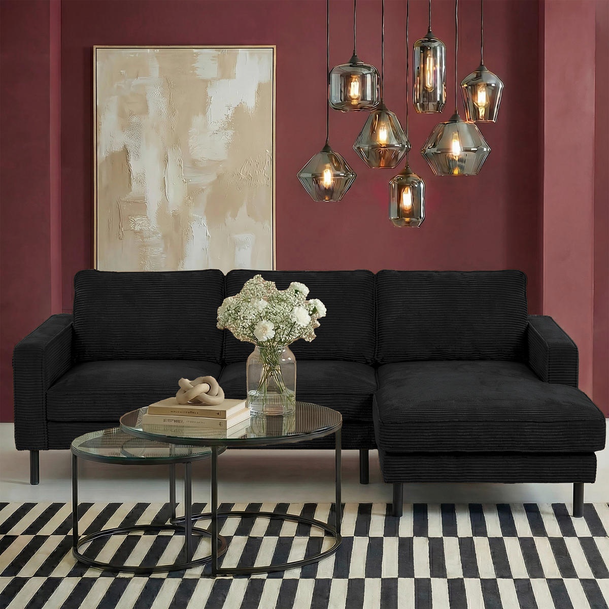 ECKSOFA Cord Schwarz  - Schwarz, Design, Textil/Metall (238/166cm) - Livetastic