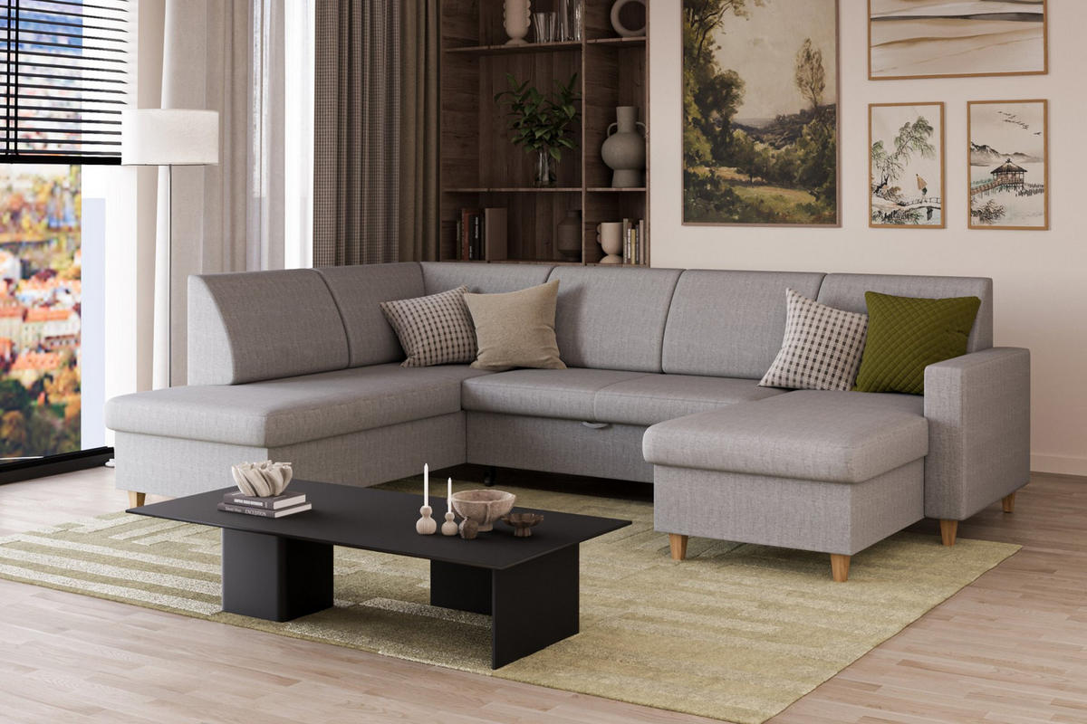 WOHNLANDSCHAFT NIKAS in Bouclé Grau  - Buchefarben/Grau, Design, Holz/Holzwerkstoff (310/198/145cm) - MID.YOU