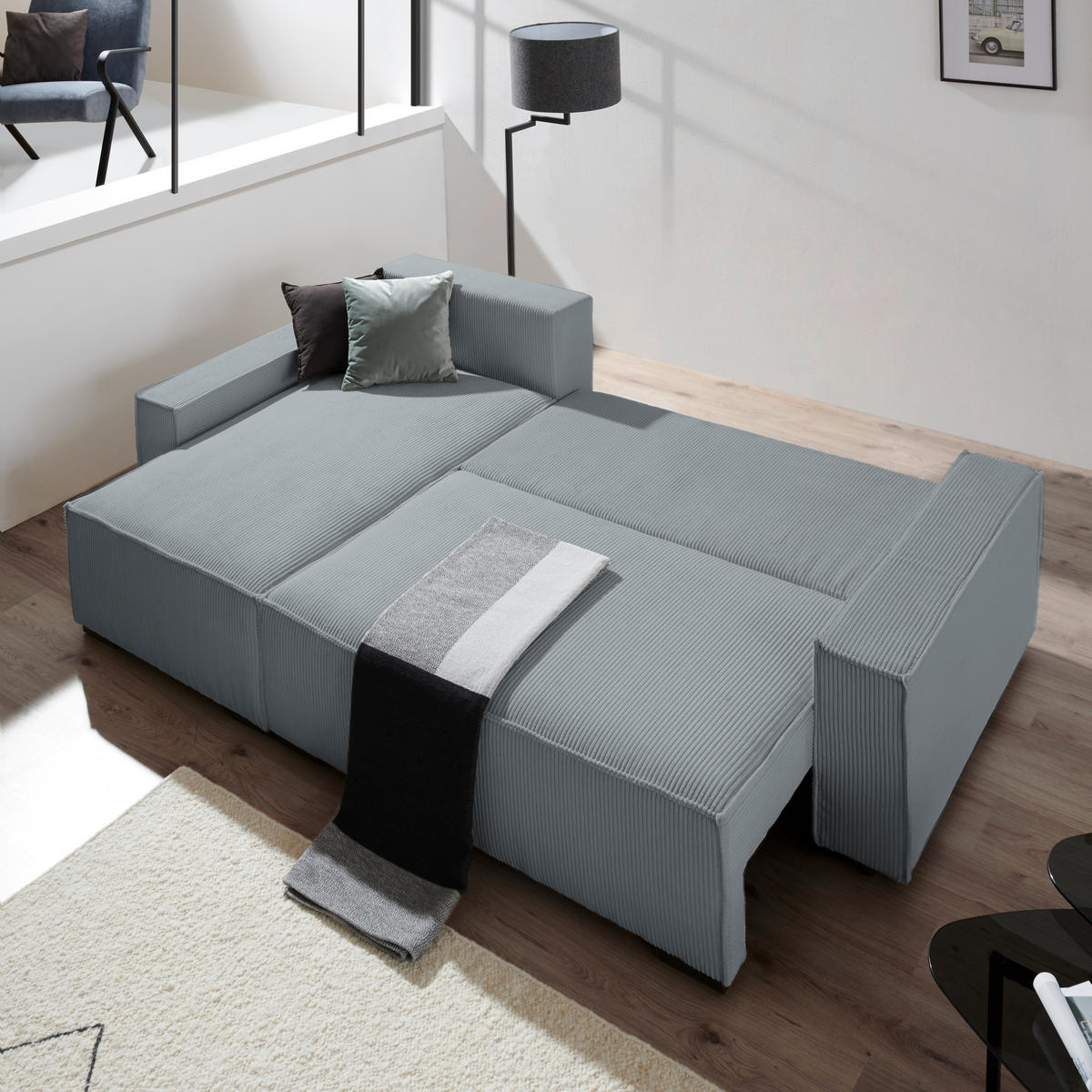 ECKSOFA in Cord, Webstoff Dunkelgrau  - Dunkelgrau/Schwarz, Modern, Holz/Textil (157/265cm) - Carryhome