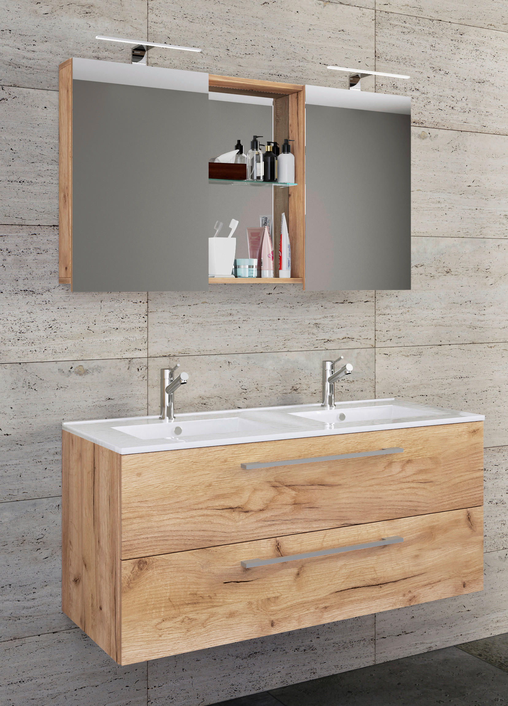 BADEZIMMER 3-teilig  in 112 cm  - Honigeiche/Alufarben, MODERN, Keramik/Holzwerkstoff (112cm) - MID.YOU