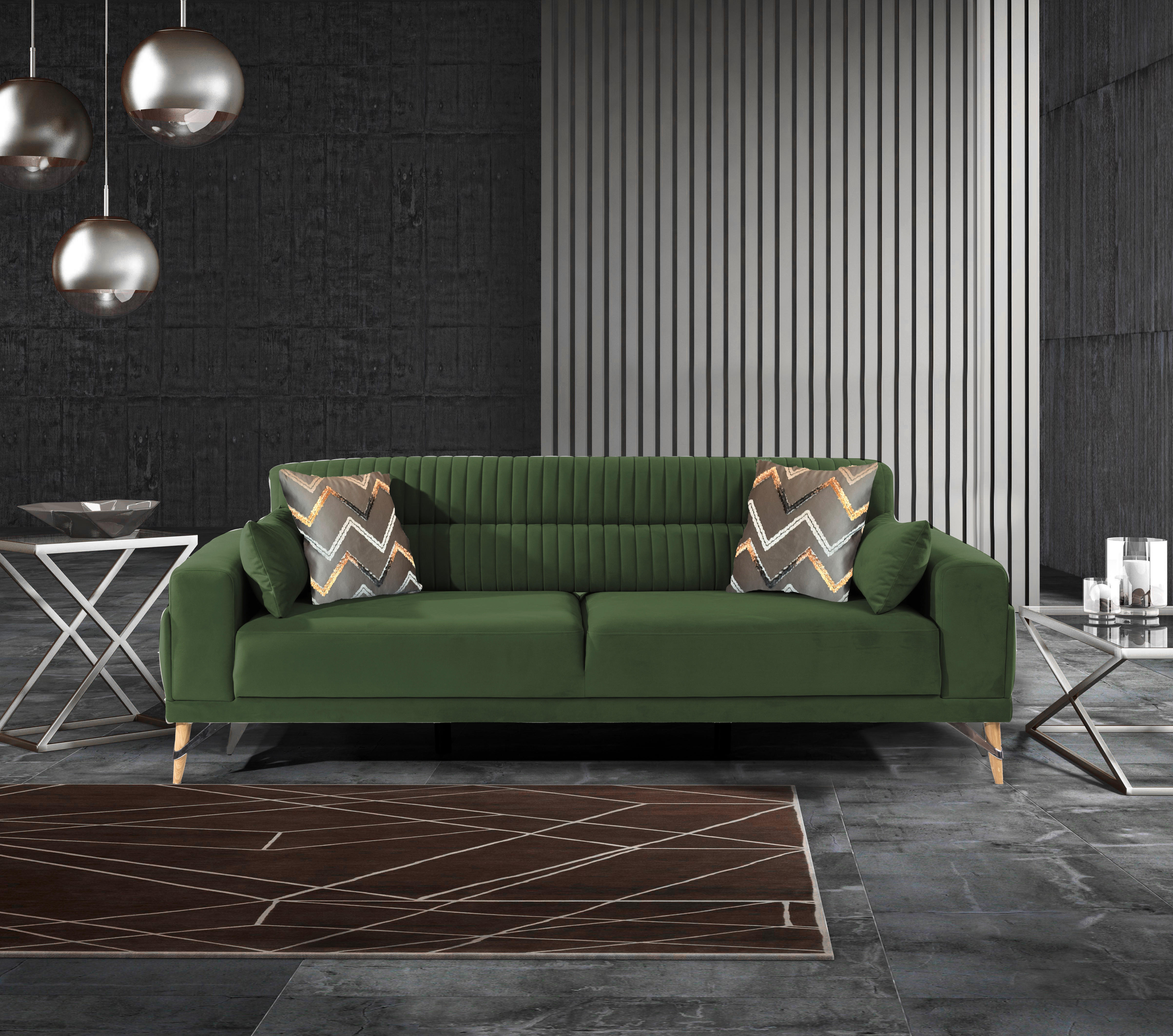 3-SITZER-SOFA in Samt Olivgrün  - Silberfarben/Olivgrün, Design, Kunststoff/Textil (233/77/87cm) - Livetastic