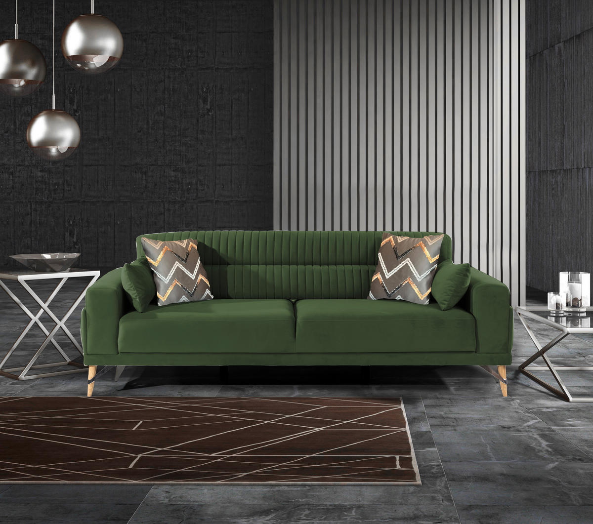 3-SITZER-SOFA Samt Olivgrün  - Silberfarben/Olivgrün, Design, Kunststoff/Textil (233/77/87cm) - Livetastic