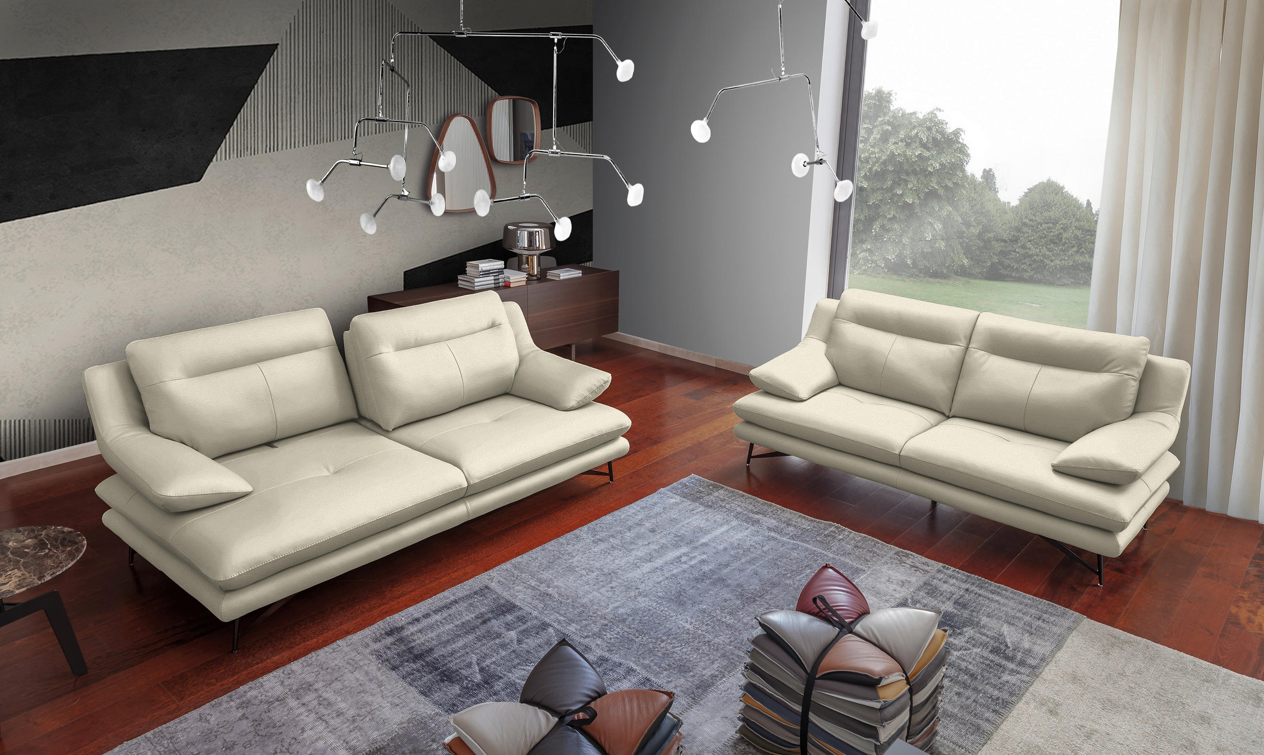3-SITZER-SOFA in Leder Ecru  - Ecru, Design, Leder/Metall (215/90/109cm)