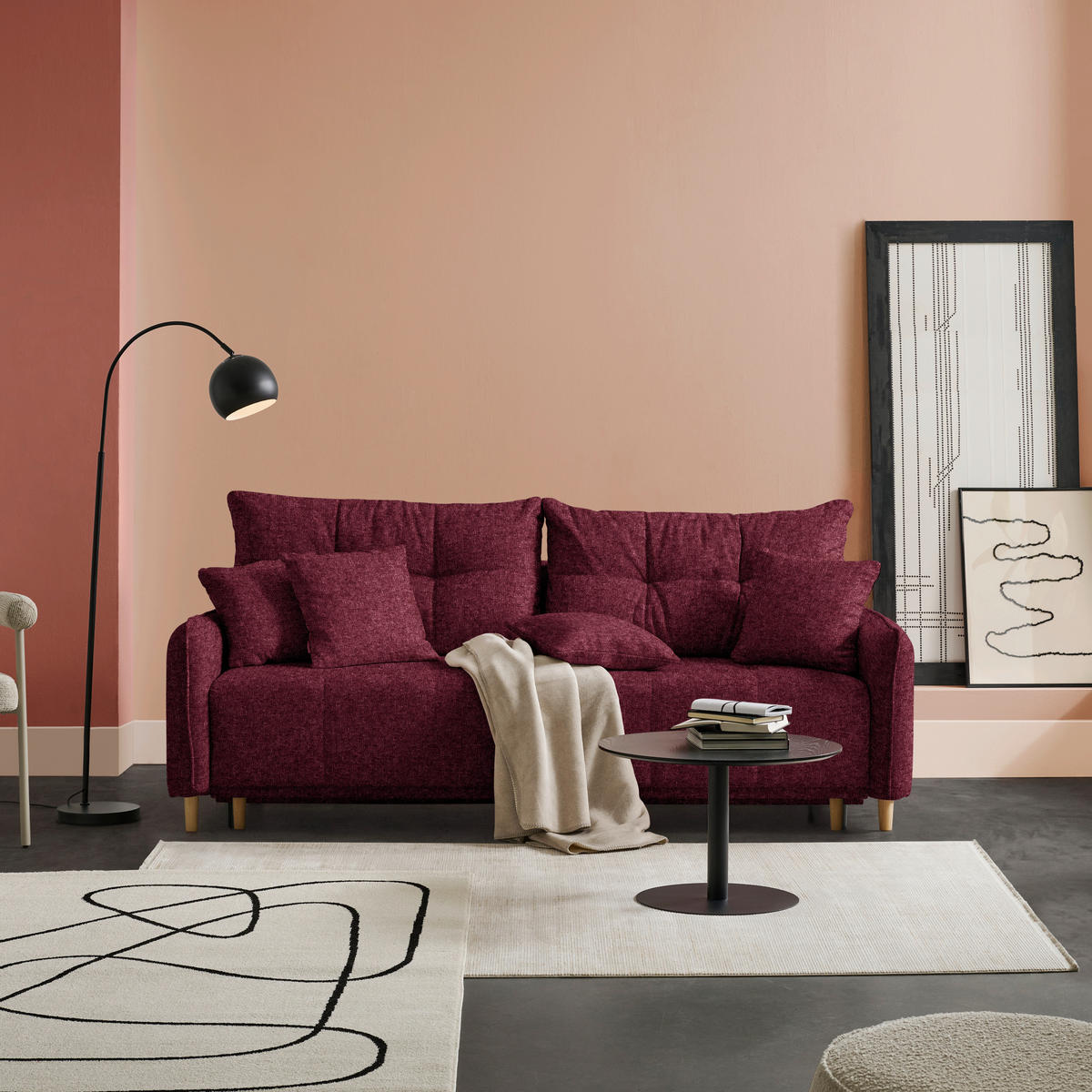 SCHLAFSOFA  in Chenille Bordeaux  - Bordeaux/Buchefarben, Design, Holz/Textil (217/97/101cm) - Carryhome