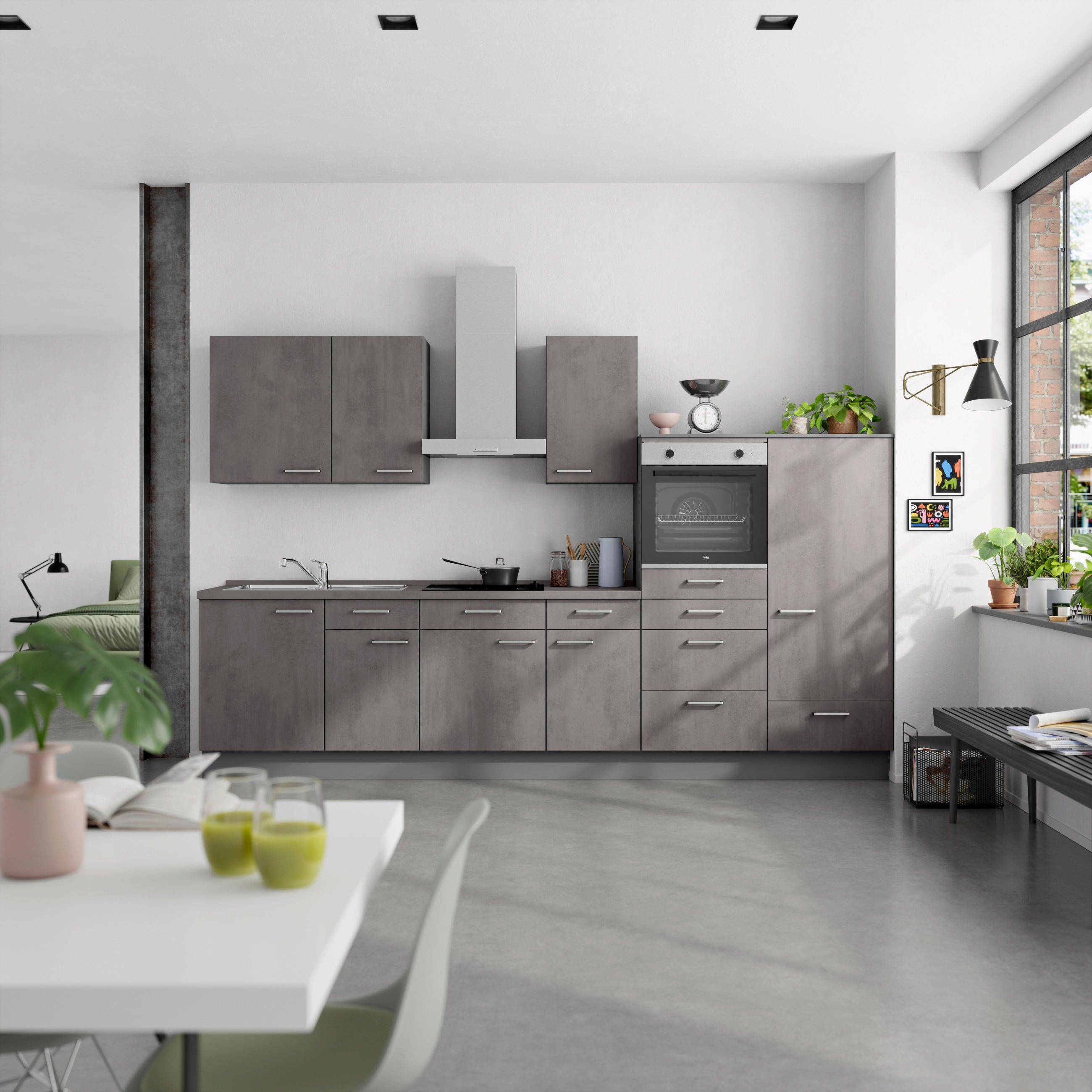 KÜCHENBLOCK Riva 330 cm  in Schieferfarben  - Schieferfarben/Edelstahlfarben, MODERN, Holzwerkstoff/Metall (330cm) - Nobilia