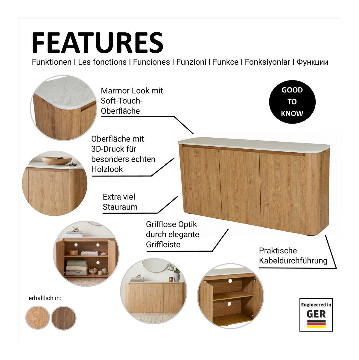 SIDEBOARD  150/74,1/39 cm  - Eichefarben/Weiß, KONVENTIONELL, Holzwerkstoff/Kunststoff (150/74,1/39cm) - MID.YOU