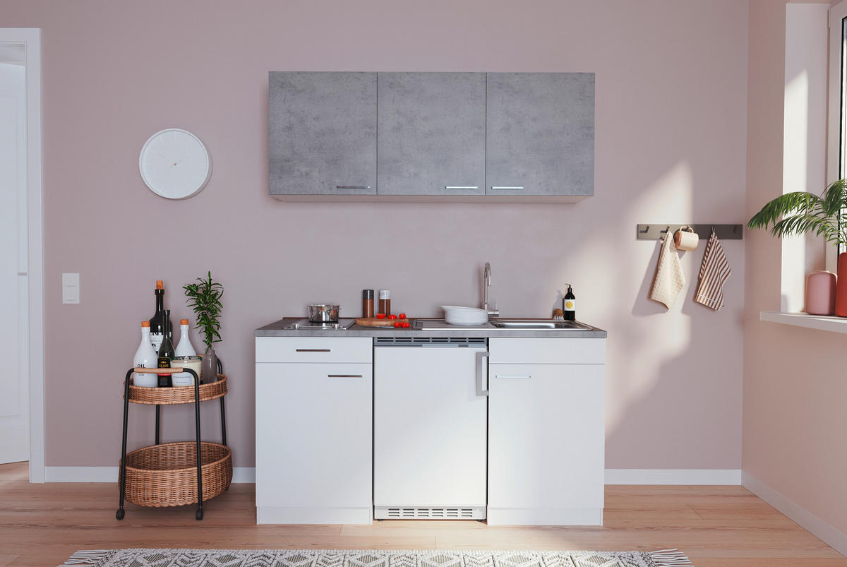 MINIKÜCHE 150 cm   in Grau, Weiss  - Weiss/Alufarben, Konventionell, Holzwerkstoff/Kunststoff (150cm) - Respekta