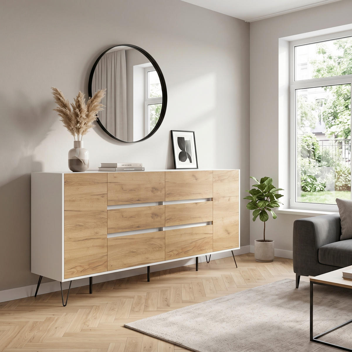 SIDEBOARD Posseik Industrial 199/93,6/42 cm 6 Schublade(n)  - Eichefarben/Weiß Hochglanz, Design, Holzwerkstoff/Metall (199/93,6/42cm) - MID.YOU