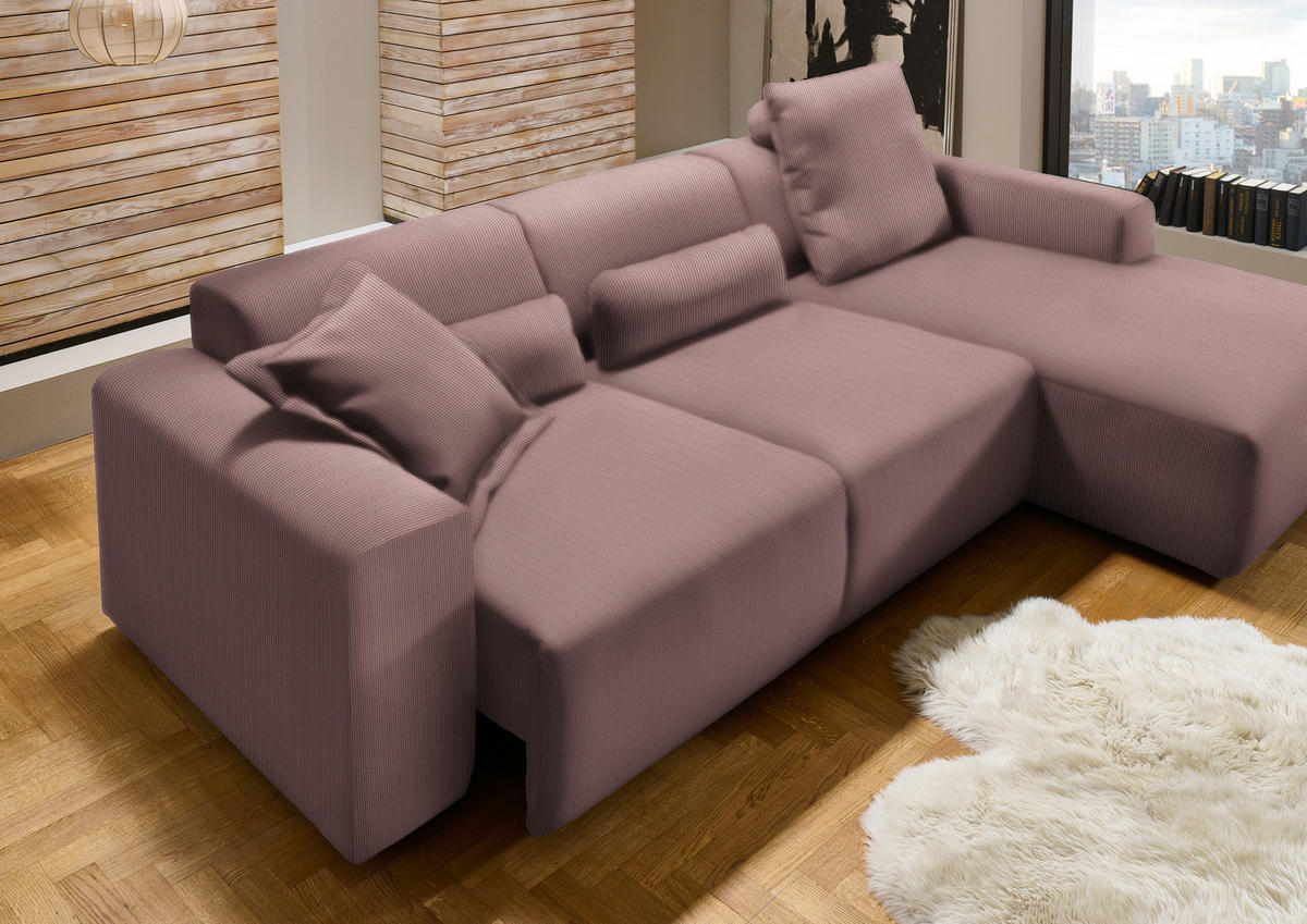 ECKSOFA Dunkelrosa Feincord  - Dunkelrosa/Schwarz, Design, Kunststoff/Textil (301/177cm) - Beldomo Style
