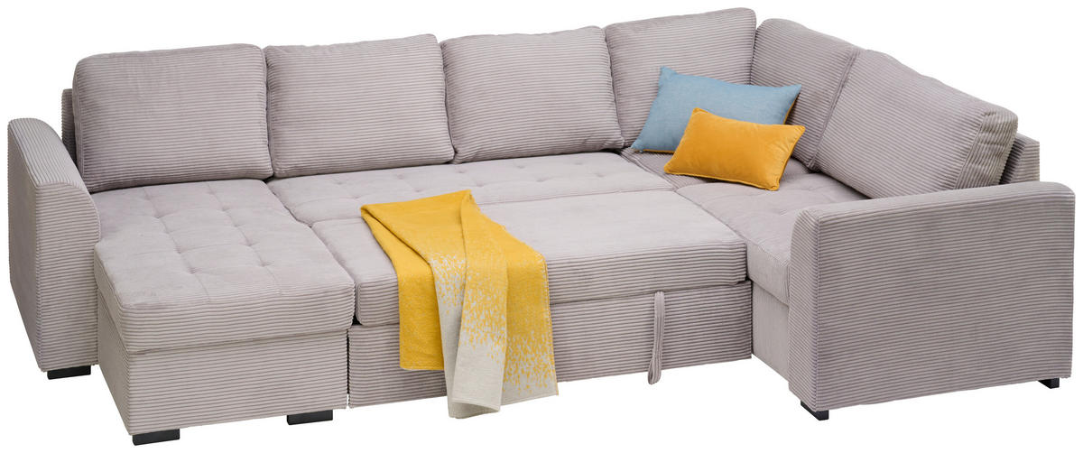 WOHNLANDSCHAFT in Cord, Velours Hellgrau  - Hellgrau/Schwarz, Design, Kunststoff/Textil (160/311/205cm) - Xora