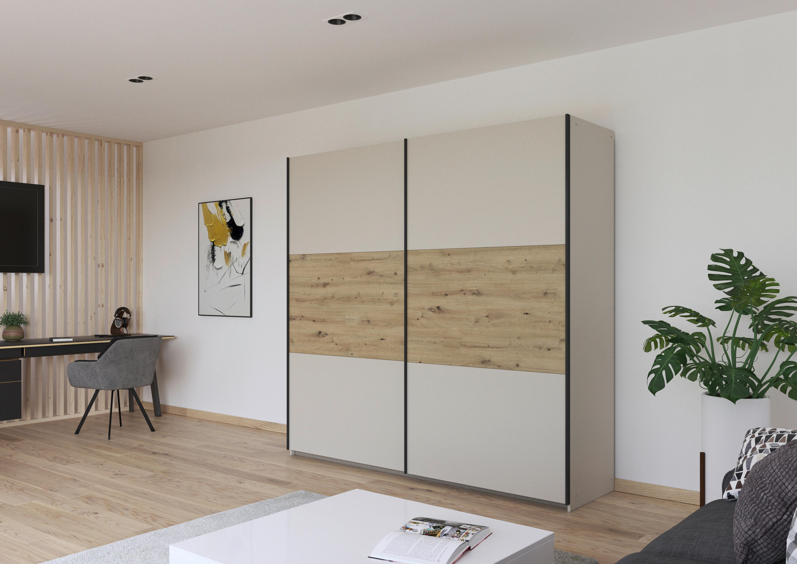 SCHWEBETÜRENSCHRANK 218/210/59 cm 2-türig Champagner, Eiche Artisan  - Champagner/Eiche Artisan, MODERN, Holzwerkstoff/Metall (218/210/59cm) - Rauch Möbel