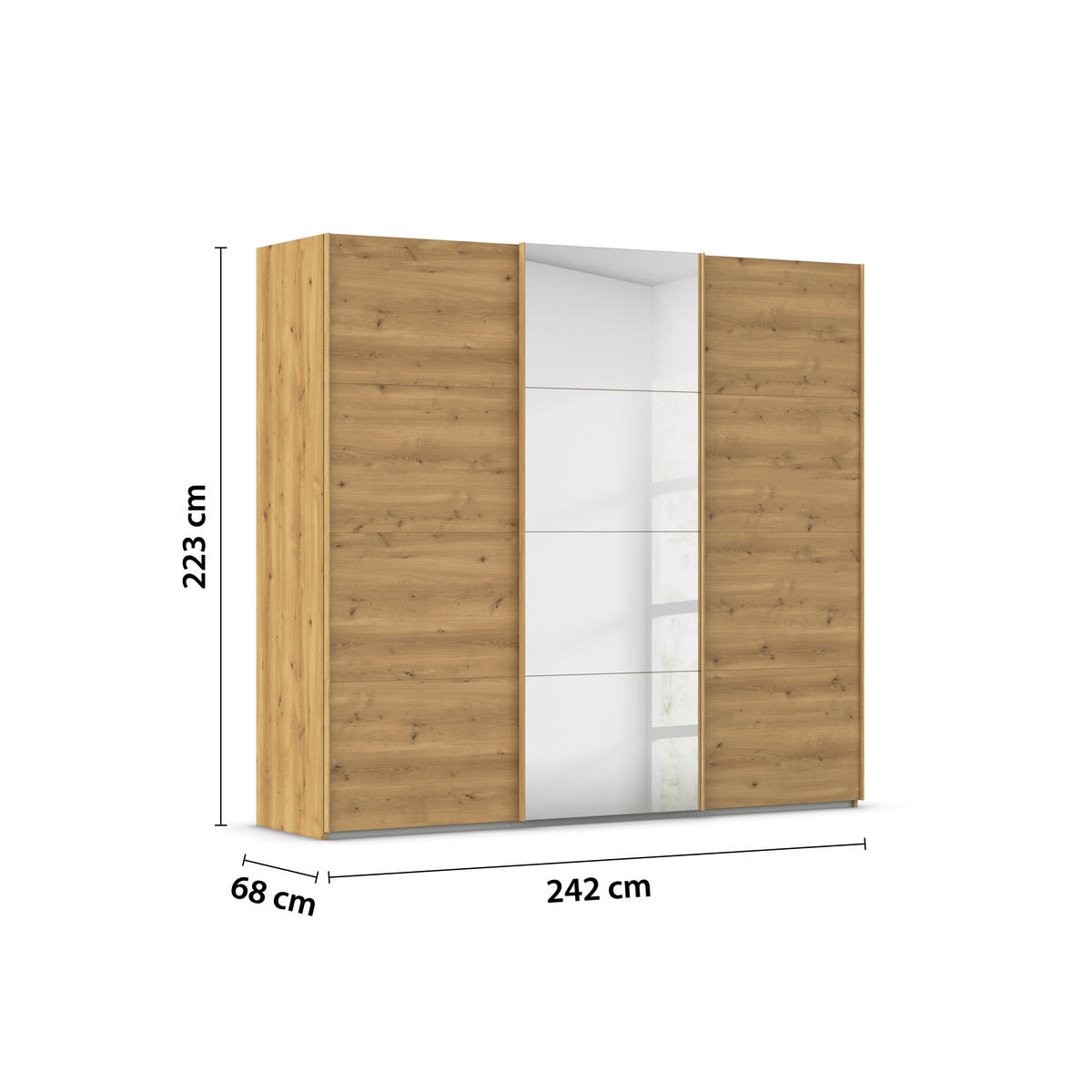 SCHWEBETÜRENSCHRANK 242/223/68 cm 3-türig Eichefarben  - Eichefarben, Design, Glas/Holzwerkstoff (242/223/68cm) - Novel