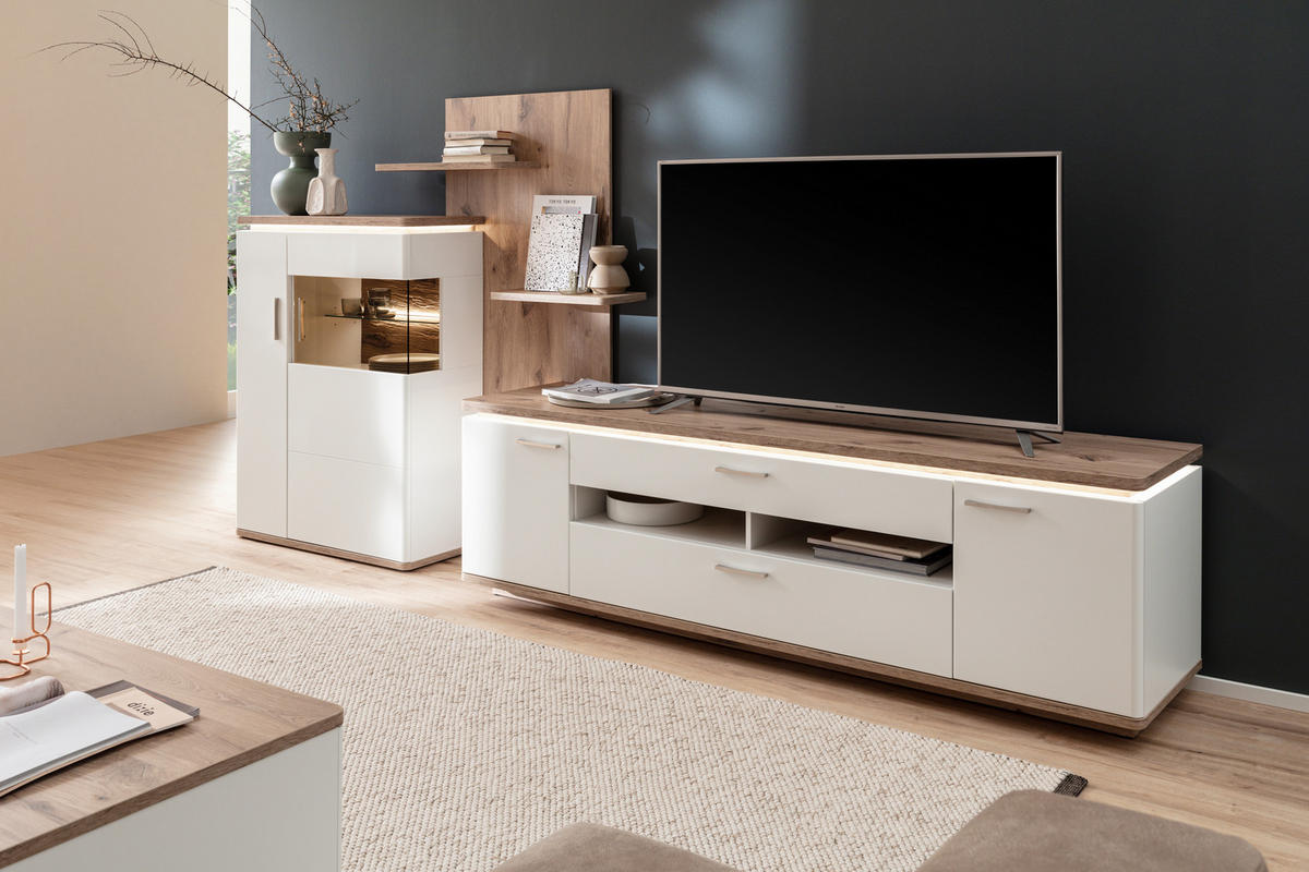 WOHNWAND 3-teilig  in Weiss, Eichefarben 305/168/50 cm  - Weiss/Eichefarben, Design, Glas/Holzwerkstoff (305/168/50cm) - Livetastic