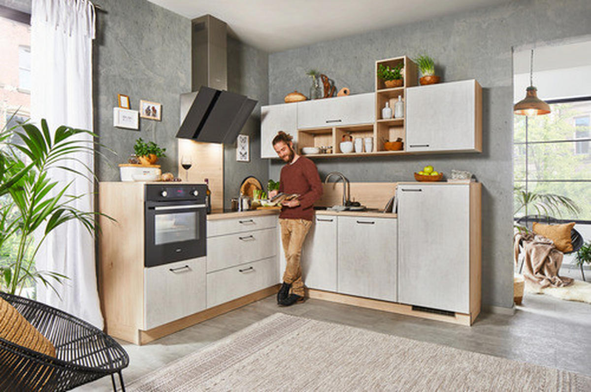 ROHOVÁ KUCHYŇA BASE 245 - biela/farba duba, Modern, kompozitné drevo (245/225cm) - Welnova