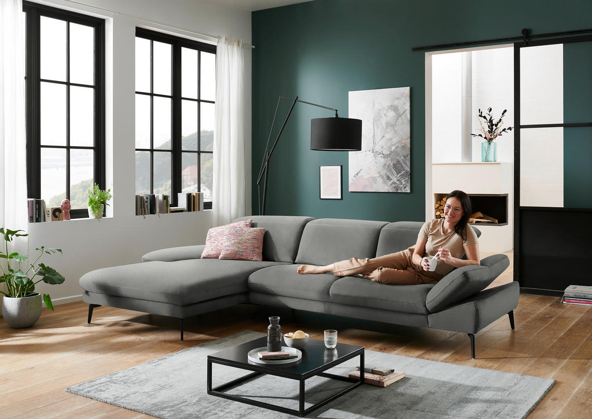 ECKSOFA in Chenille Grau  - Schwarz/Grau, Design, Textil/Metall (188/319cm) - Beldomo System