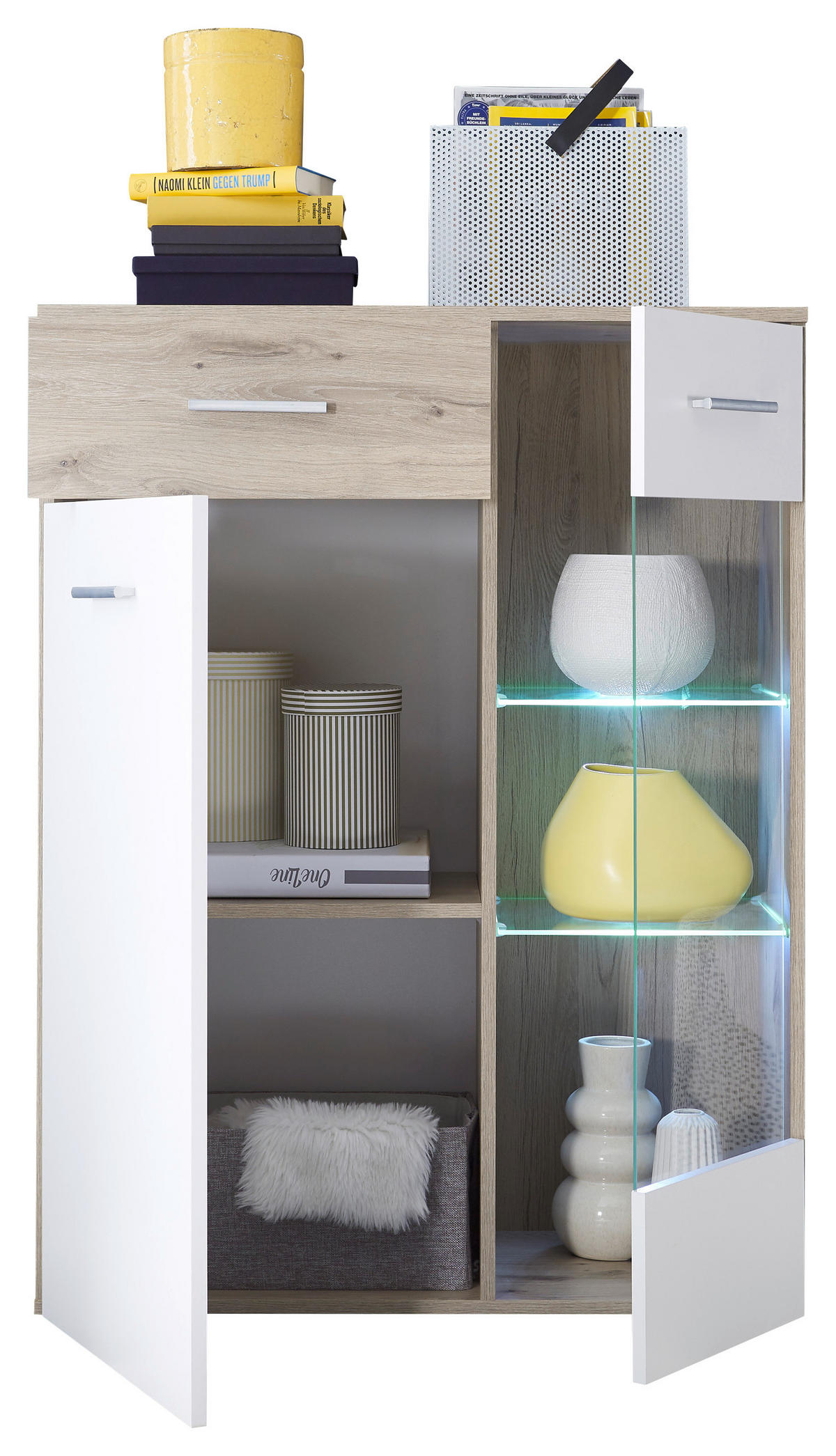 VITRINE  in Weiß, Eichefarben - Eichefarben/Silberfarben, Design, Glas/Holzwerkstoff (85/113/40cm) - MID.YOU