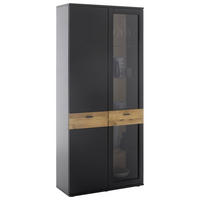 VITRINĂ  in furniruit, masiv stejar gri, negru, culoare lemn stejar  - culoare lemn stejar/antracit, Design, sticlă/metal (90/201/37cm) - Novel