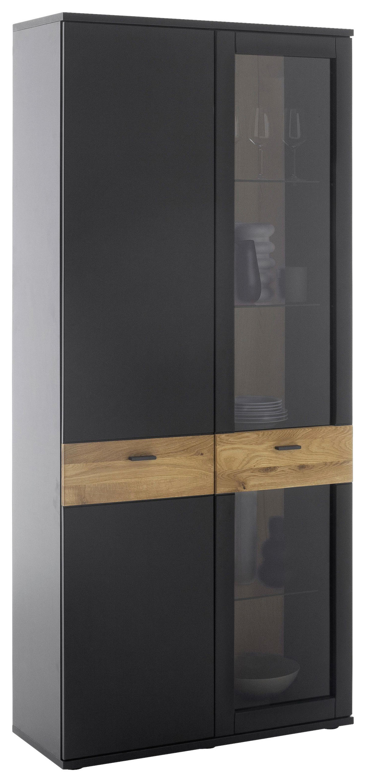 VITRINĂ  in furniruit, masiv stejar gri, negru, culoare lemn stejar  - culoare lemn stejar/antracit, Design, sticlă/metal (90/201/37cm) - Novel