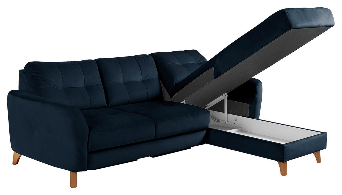 ECKSOFA Dunkelblau Samt Bettkasten, Schlaffunktion, Liegefläche im Originalstoff  - Buchefarben/Dunkelblau, Design, Holz/Textil (238/168cm) - Livetastic
