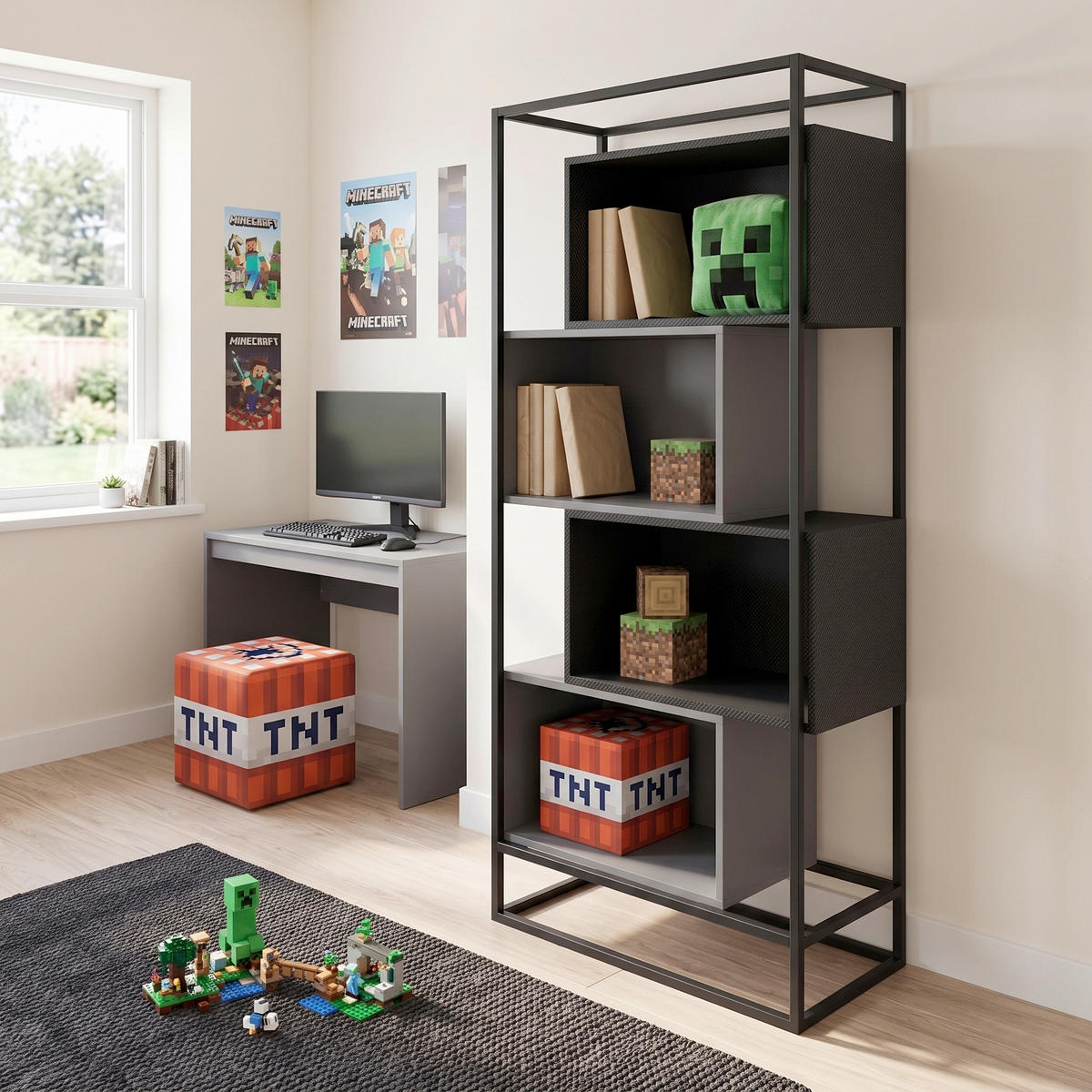 REGAL  70/164/38 cm Schwarz, Grau  - Schwarz/Grau, MODERN, Holzwerkstoff/Metall (70/164/38cm) - Minecraft