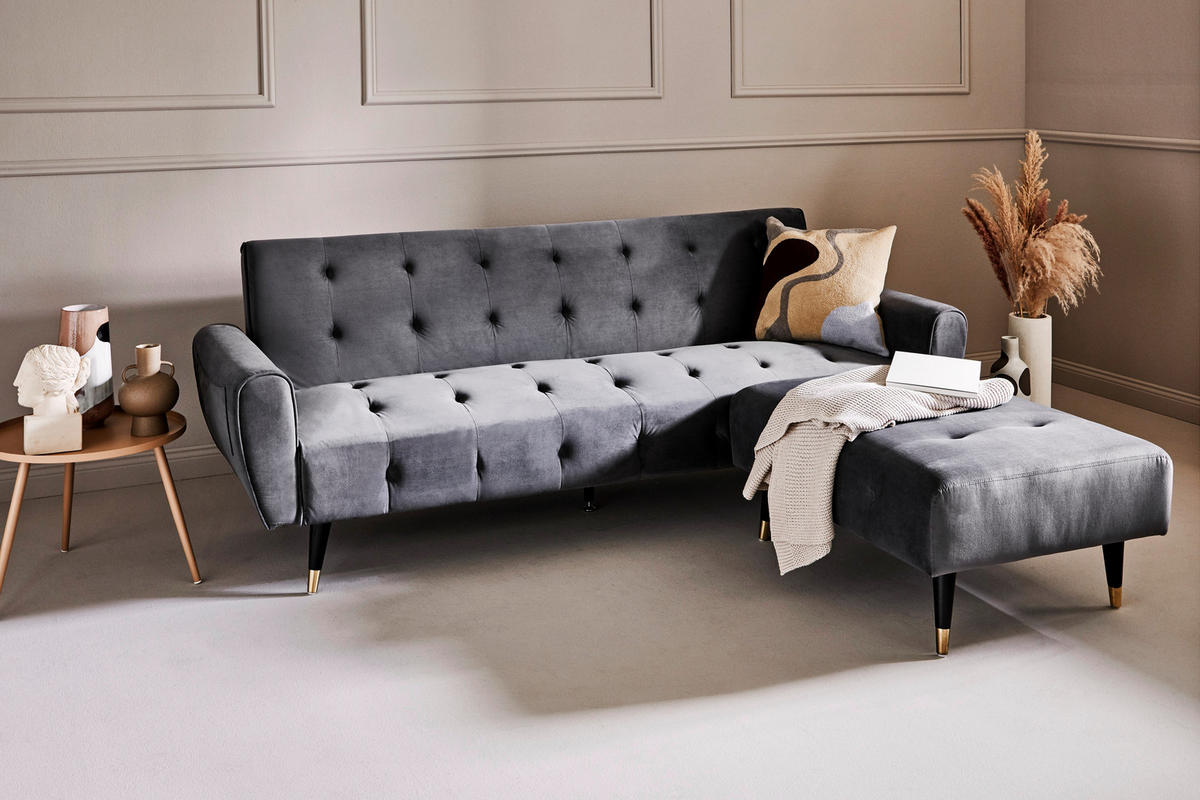 ECKSCHLAFSOFA CHILLAX DREAM CORNER EU Grau Samt  - Goldfarben/Schwarz, MODERN, Holz/Textil (213/153/173cm) - Livetastic