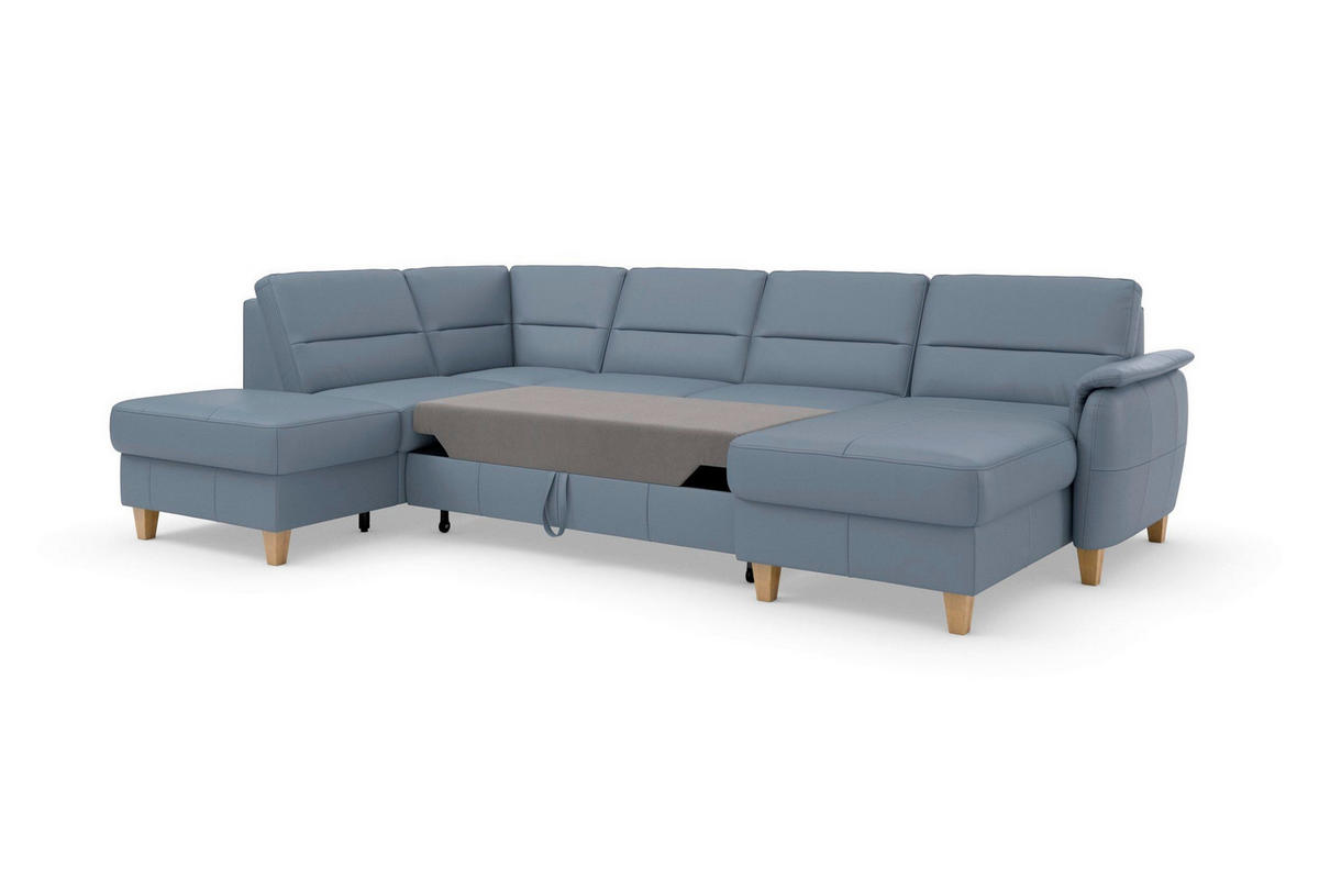 SEDACIA SÚPRAVA, textil, koža, sivomodrá - sivomodrá/farba duba, Basics, koža/drevo (212/308/163cm) - Sit & More