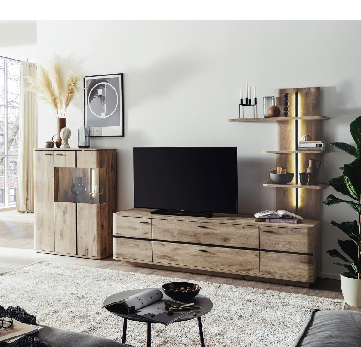 WOHNWAND  in Anthrazit, Eichefarben 300/181/50 cm  - Eichefarben/Anthrazit, Konventionell, Glas/Holzwerkstoff (300/181/50cm) - Cantus