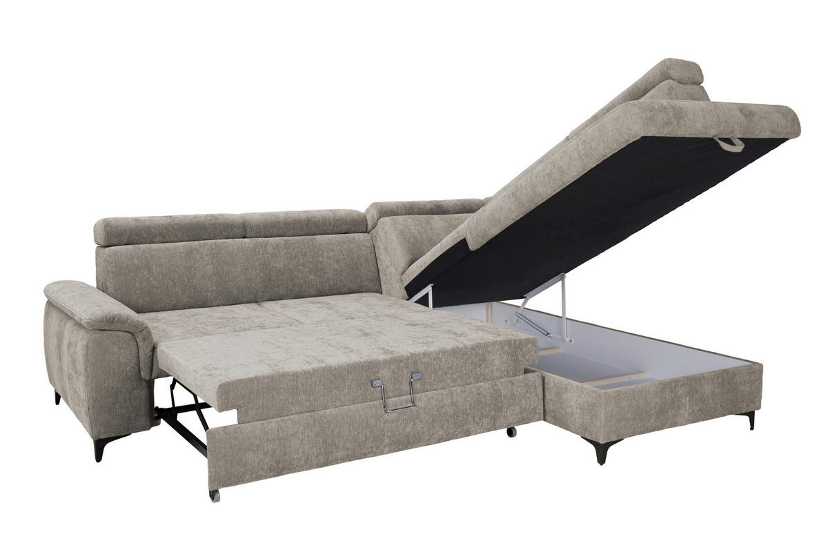 ECKSOFA Taupe Chenille Bettkasten, Schlaffunktion, Rücken echt, Kopfteilverstellung, Liegefläche im Originalstoff  - Taupe/Schwarz, KONVENTIONELL, Textil/Metall (265/206cm) - Carryhome