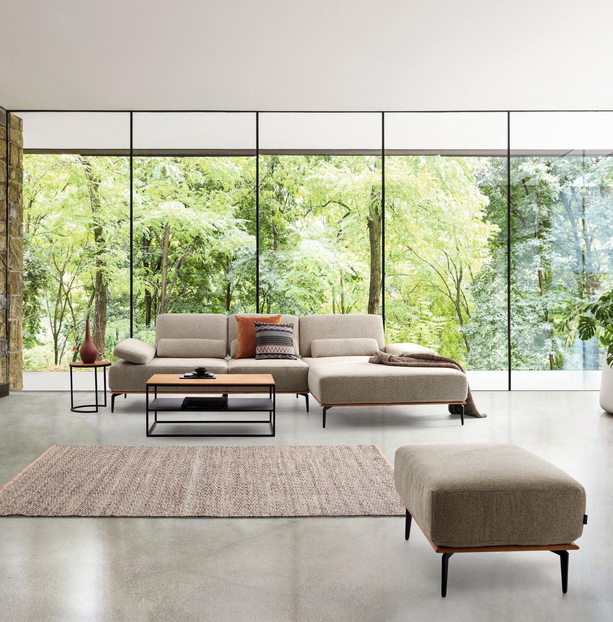 ECKSOFA in Flachgewebe Hellbraun  - Hellbraun/Schwarz, Natur, Holz/Textil (314/176cm) - Valnatura