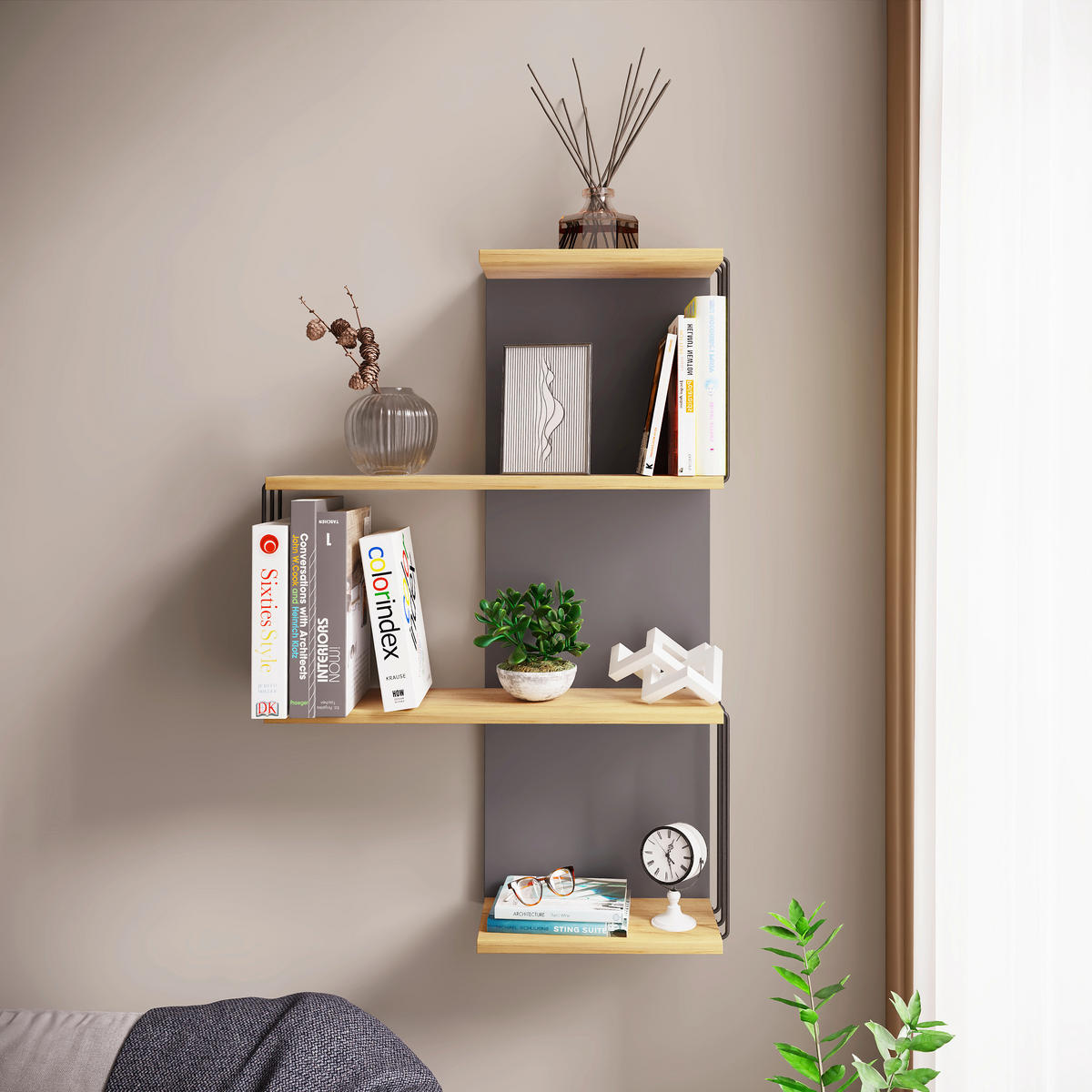 Poliță De Perete 68/98/19 cm, antracit, culoare lemn stejar  - culoare lemn stejar/antracit, Design, material pe bază de lemn (68/98/19cm) - Livetastic