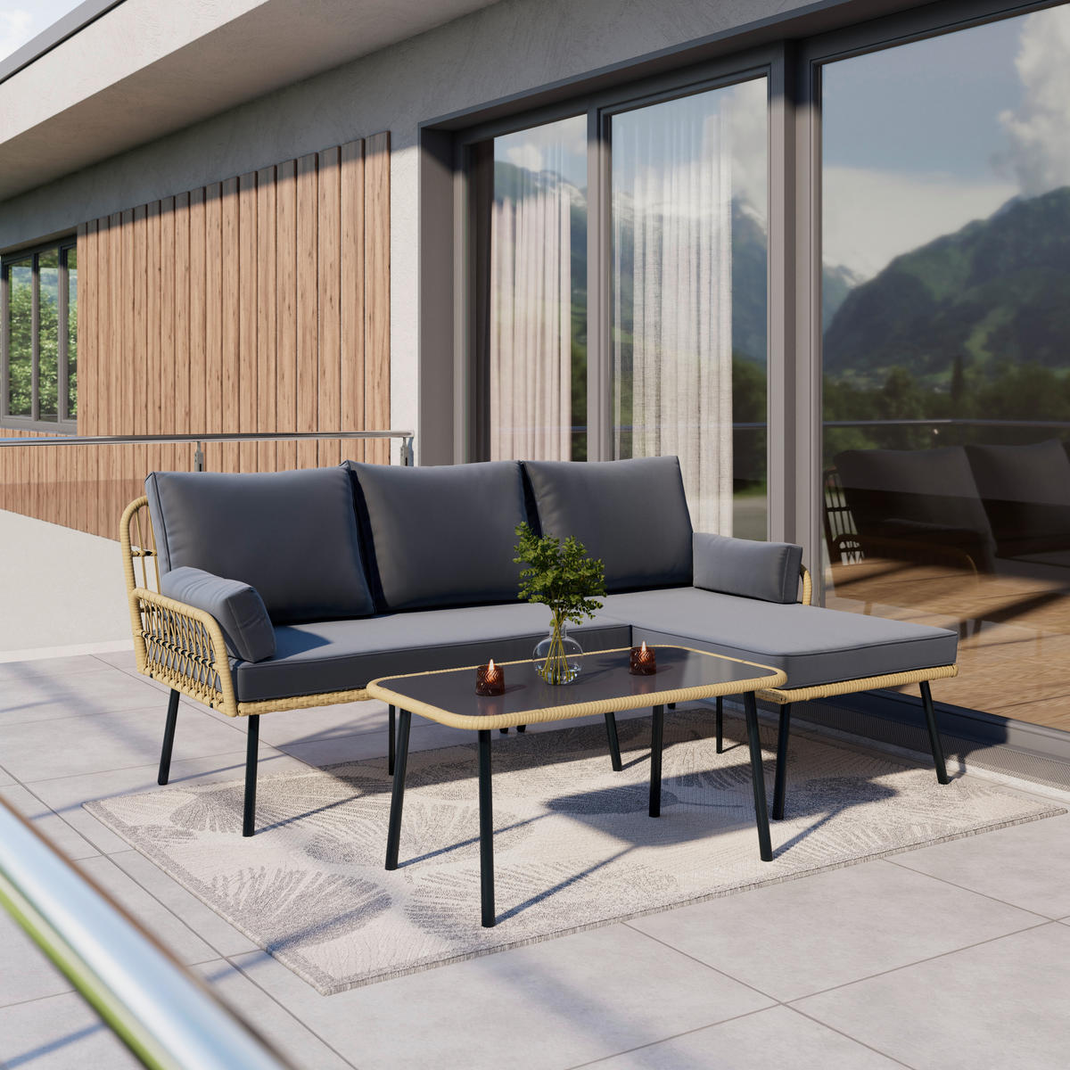 LOUNGEGARNITUR Stahl  - Dunkelgrau/Schwarz, MODERN, Glas/Kunststoff (187,5/79/135cm) - Ambia Garden