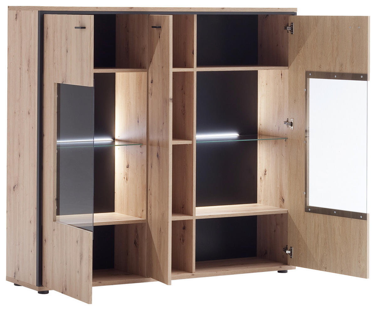 HIGHBOARD Skopje  in 153/143/38 cm  - Eichefarben/Anthrazit, Design, Glas/Holzwerkstoff (153/143/38cm) - MID.YOU