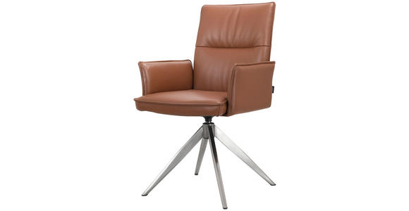 ARMLEHNSTUHL in Edelstahl Echtleder pigmentiert - Edelstahlfarben/Cognac, Design, Leder/Metall (57/92/63,5cm) - Novel