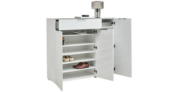 SCHUHSCHRANK 135,6/117/40,5 cm - Weiß Hochglanz/Alufarben, Design, Glas/Holzwerkstoff (135,6/117/40,5cm) - Voleo