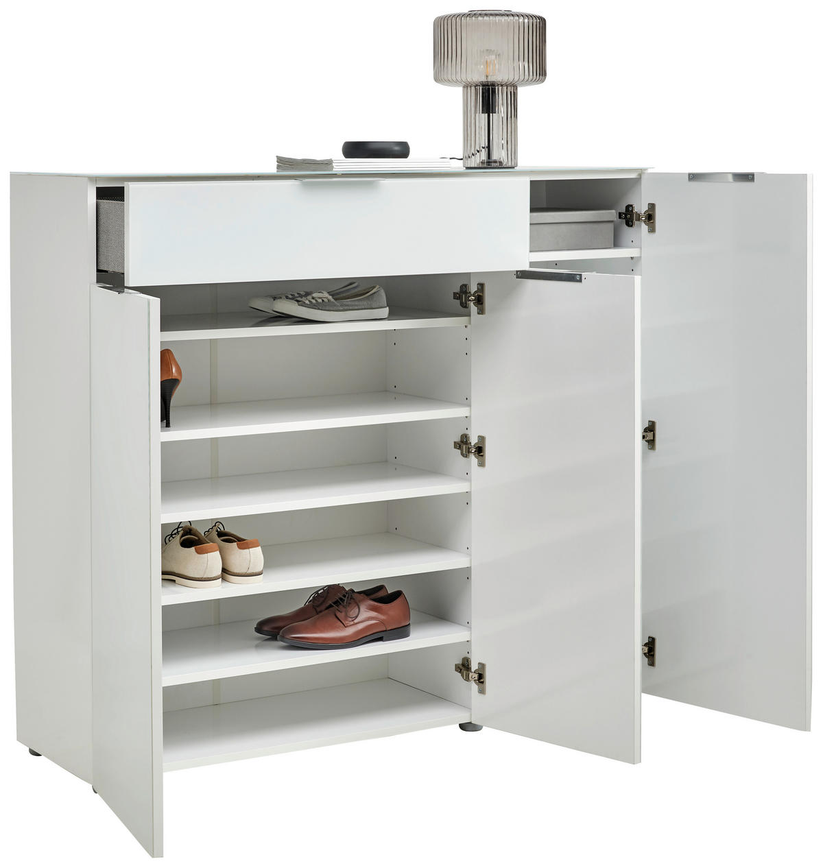 OMARA ZA ČEVLJE bela, visoki sijaj - bela/barve aluminija, Design, kovina/steklo (135,6/117/40,5cm) - Voleo