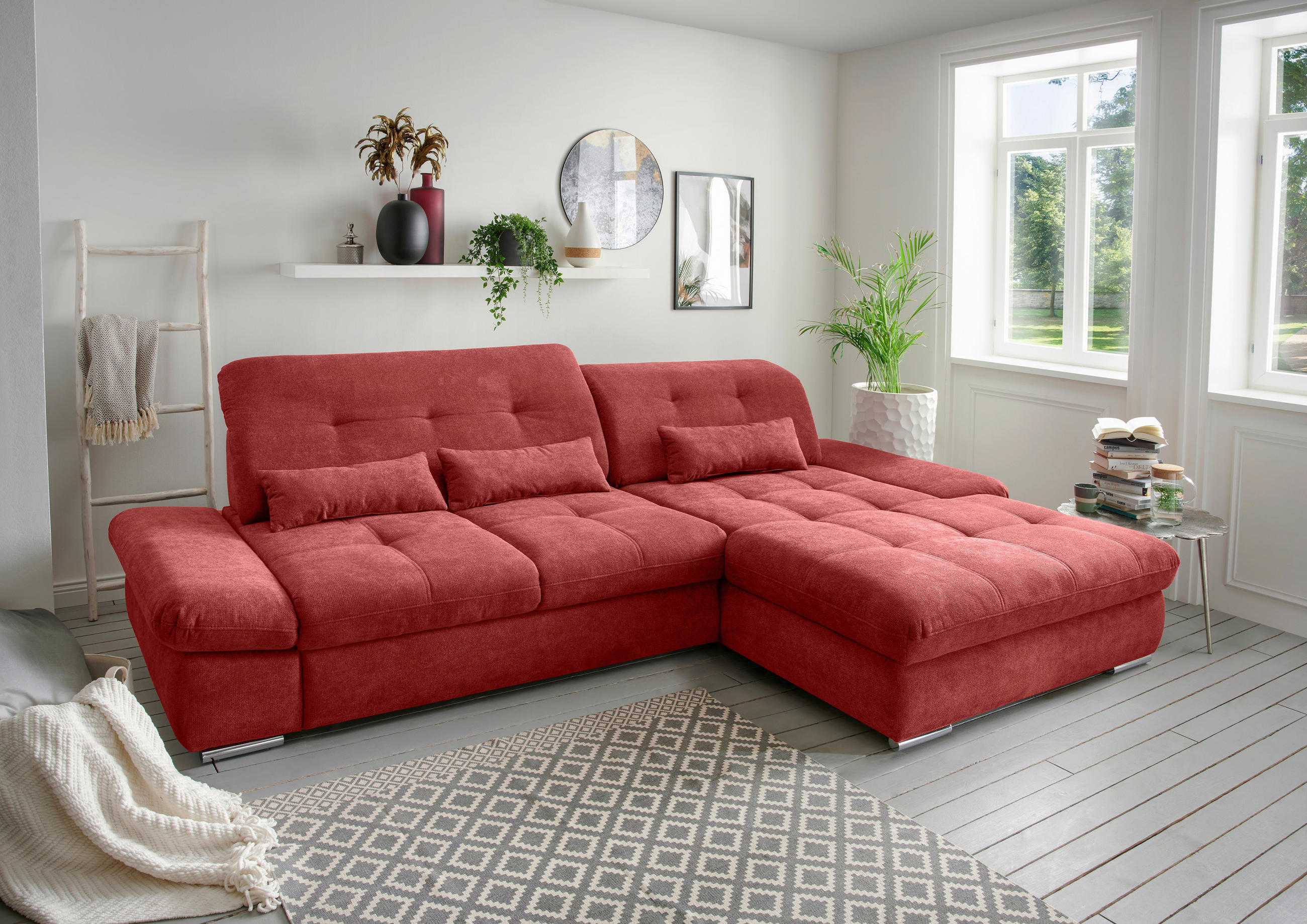 ECKSOFA Dalida Rot Chenille  - Chromfarben/Rot, MODERN, Textil/Metall (300/196cm) - Livetastic