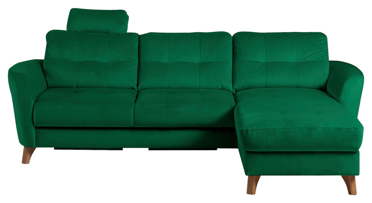 ECKSOFA Dunkelgrün Samt Bettkasten, Schlaffunktion, Liegefläche im Originalstoff  - Dunkelgrün/Buchefarben, Design, Holz/Textil (238/168cm) - Livetastic