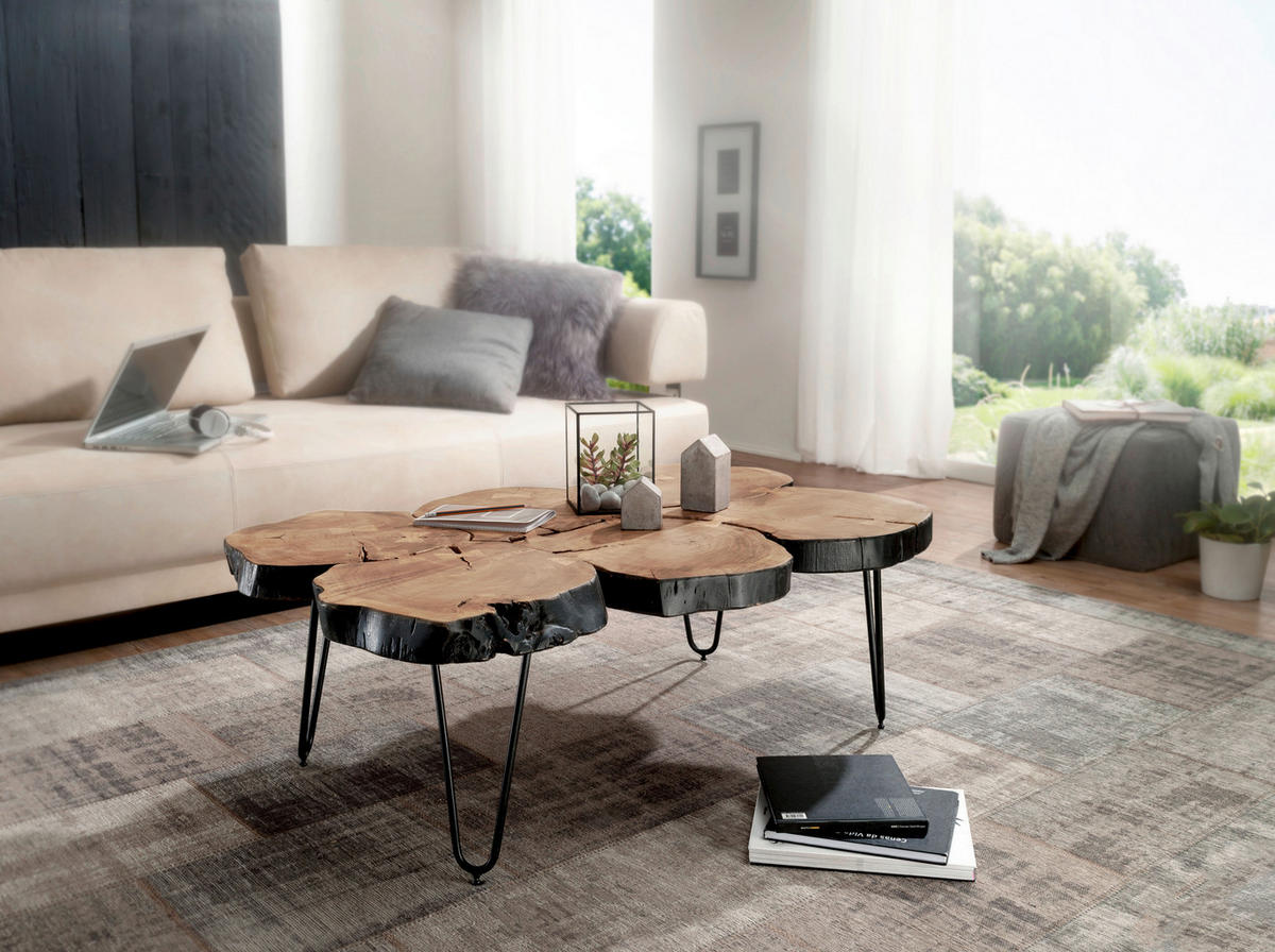 COUCHTISCH Akazie massiv 115/70/40 cm rechteckig Akaziefarben  - Schwarz/Akaziefarben, Design, Holz/Metall (115/70/40cm) - MID.YOU