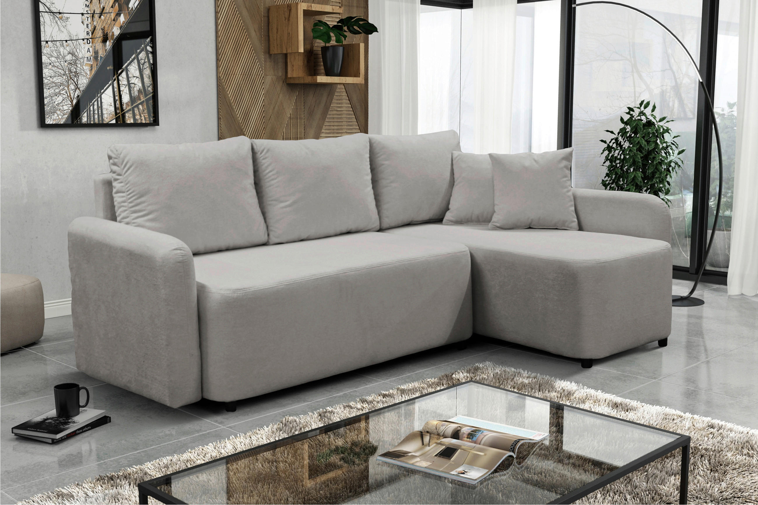 ECKSOFA STERN Taupe Bouclé Zierkissen, Rückenkissen, Bettkasten  - Taupe/Schwarz, Design, Kunststoff/Textil (207/152cm) - MID.YOU