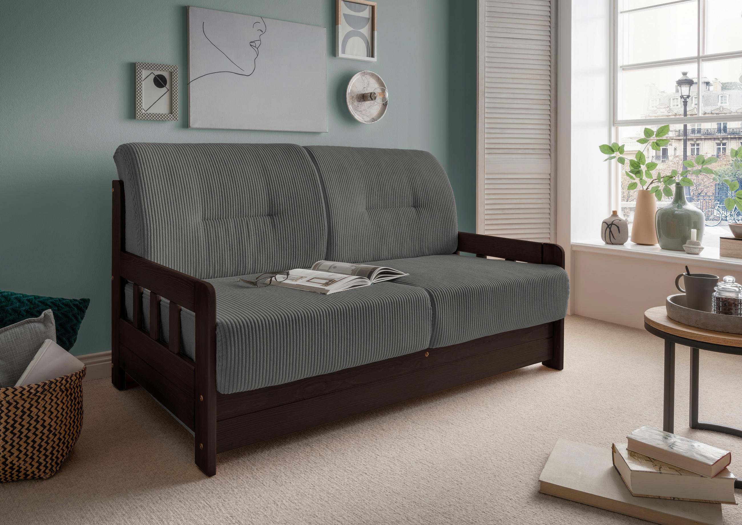 SCHLAFSOFA in Textil Grau, Nussbaumfarben  - Nussbaumfarben/Grau, Modern, Holz/Textil (154/88/90cm) - Livetastic