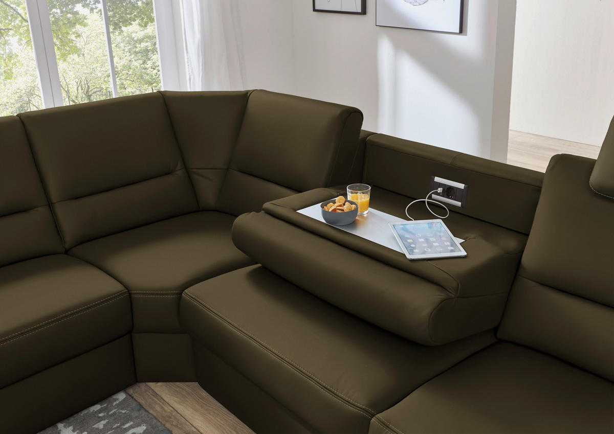 ECKSOFA in Echtleder Grün  - Beige/Alufarben, Design, Leder/Metall (249/288cm) - Beldomo Premium