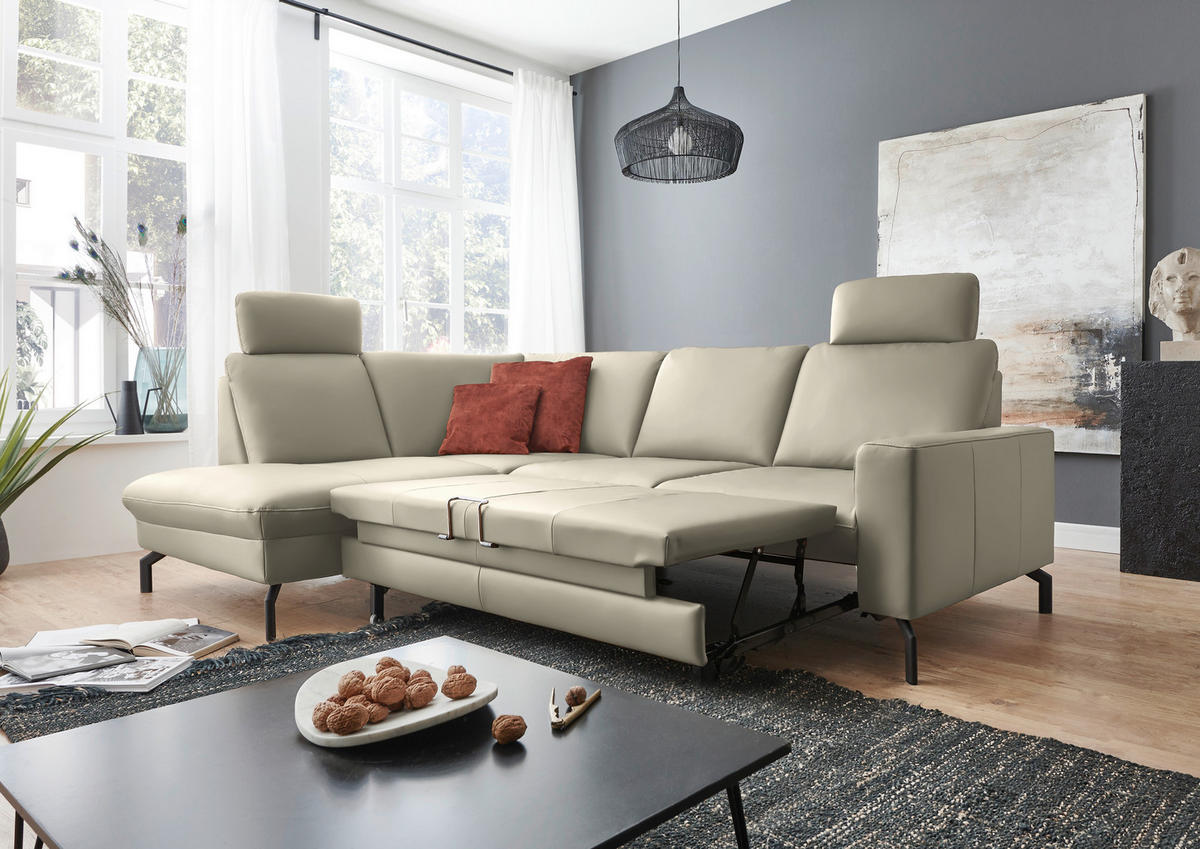 ECKSOFA Beldomo Premium in Echtleder Ecru  194/250 cm  - Ecru/Schwarz, Design, Leder/Metall (194/250cm) - Beldomo Premium