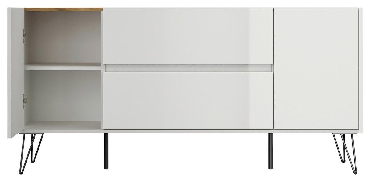 SIDEBOARD Posseik Industrial  in 155/75,8/42 cm  - Weiß Hochglanz/Eichefarben, Design, Holzwerkstoff/Metall (155/75,8/42cm) - P & B