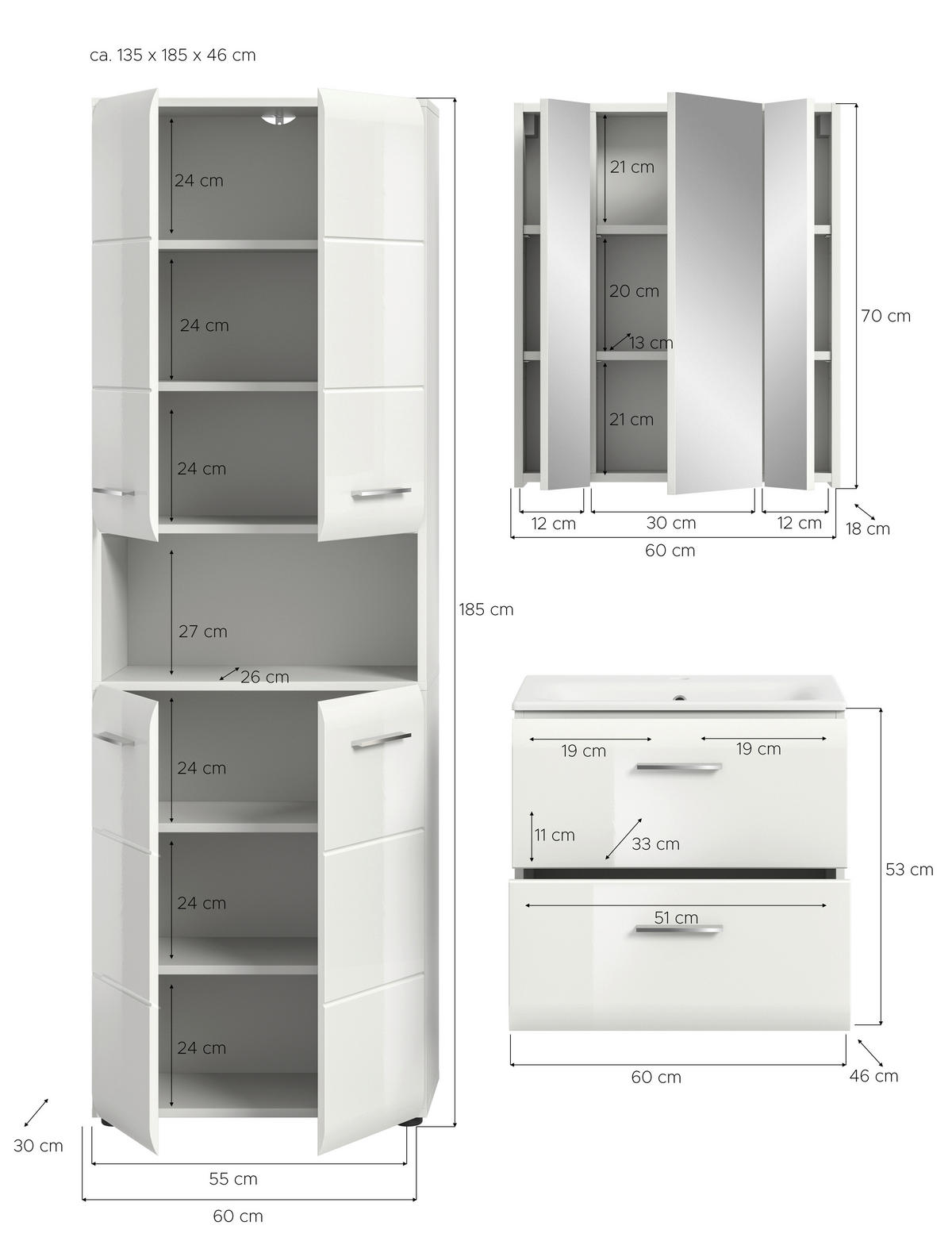 BADEZIMMER 4-teilig  in 120 cm  - Weiß Hochglanz/Silberfarben, MODERN, Keramik/Holzwerkstoff (120cm) - MID.YOU